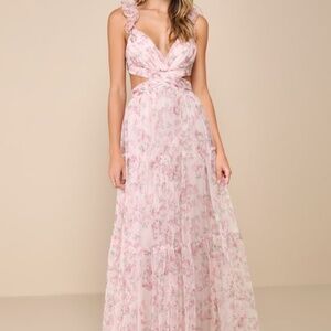 Lulus Ethereal Love Blush Floral Pleated Tiered Tie-back Maxi Dress Pink